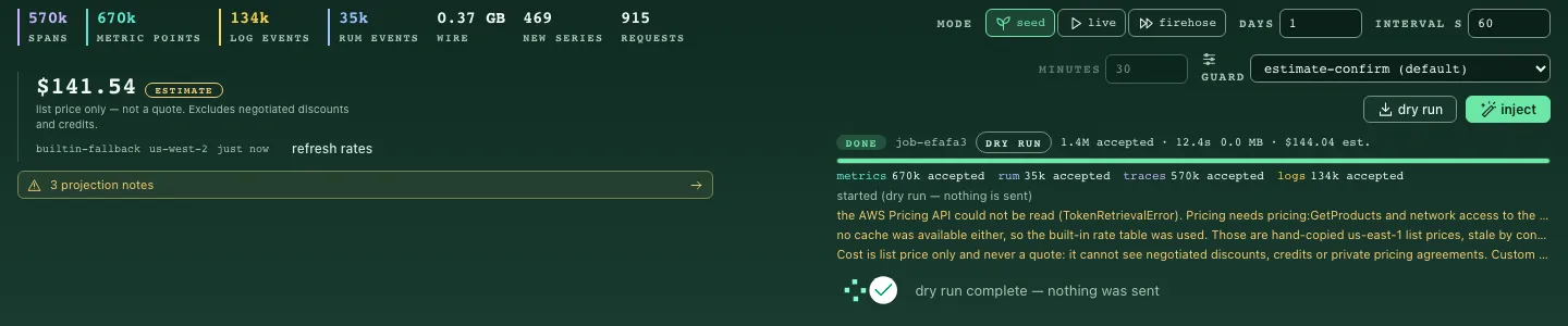 The finished dry run: DONE, 1.4M accepted in 10.7s, 0.0 MB sent, with per-signal totals of metrics 670k, rum 35k, traces 570k and logs 134k, and the message "dry run complete — nothing was sent".