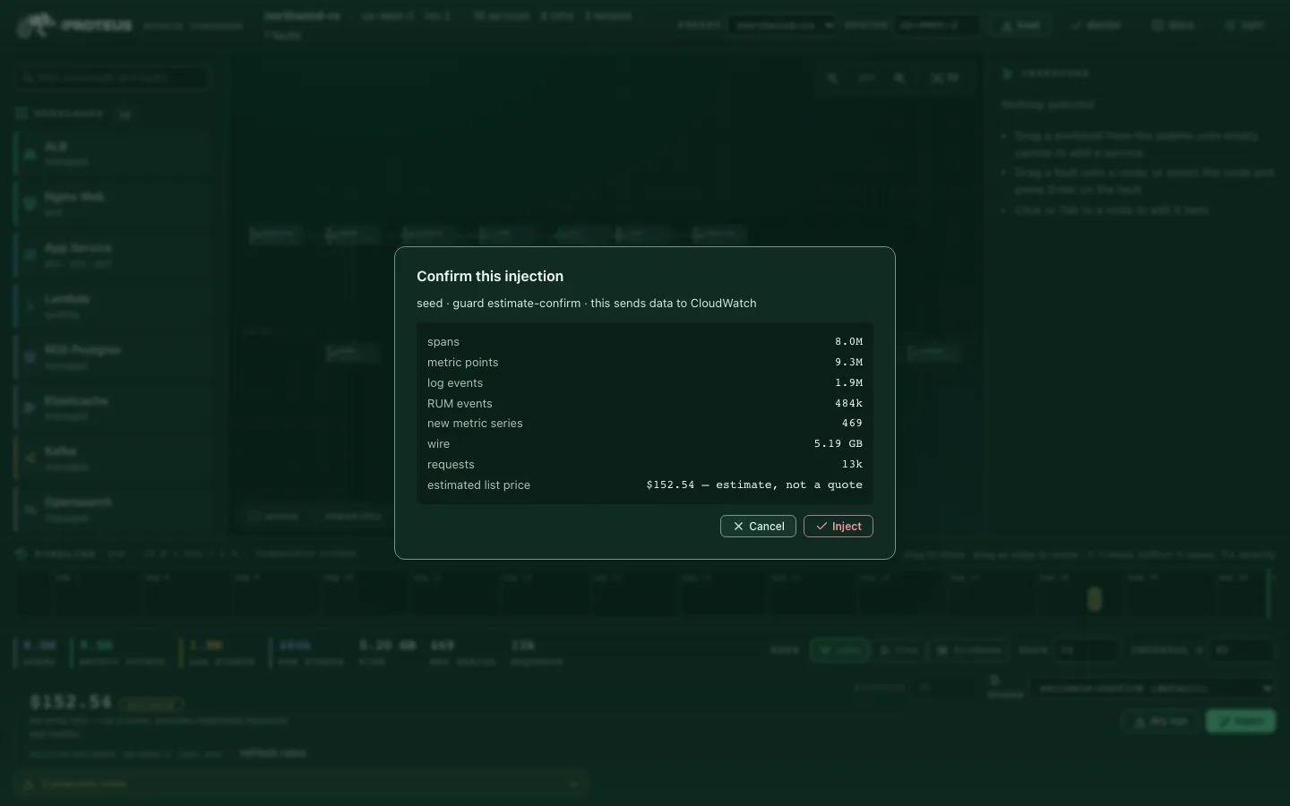 The injection confirmation dialog, titled "Confirm this injection" and subtitled "seed · guard estimate-confirm · this sends data to CloudWatch". It lists spans 8.0M, metric points 9.5M, log events 1.9M, RUM events 484k, new metric series 469, wire 5.20 GB, requests 13k and an estimated list price of $152.54. Cancel and Inject buttons sit at the bottom, Inject marked as the dangerous action.