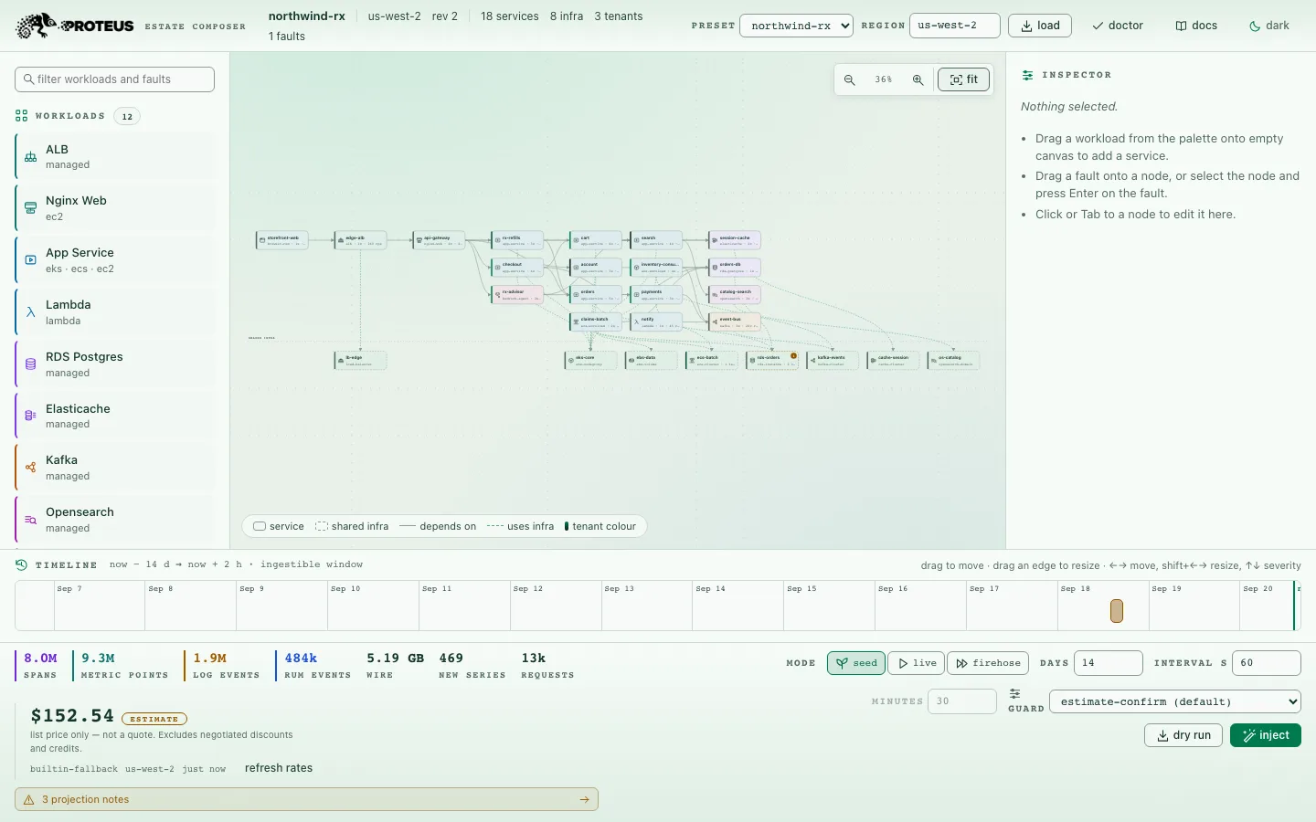 The same 18-service estate in the light theme, with the same layout, counts and cost figure.
